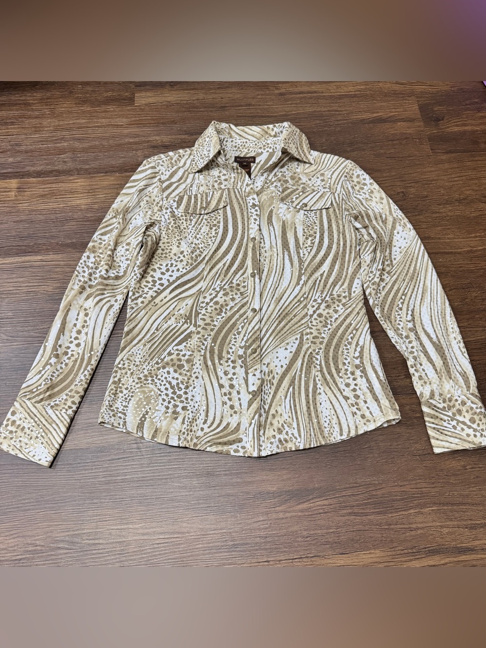 Womens Y2K Animal Print Sequins Size XS Pearl Snap Up Top Taupe and White